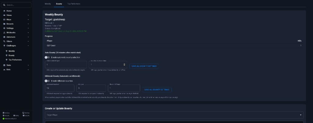 Weekly bounty target, kill goal, and VIP reward settings