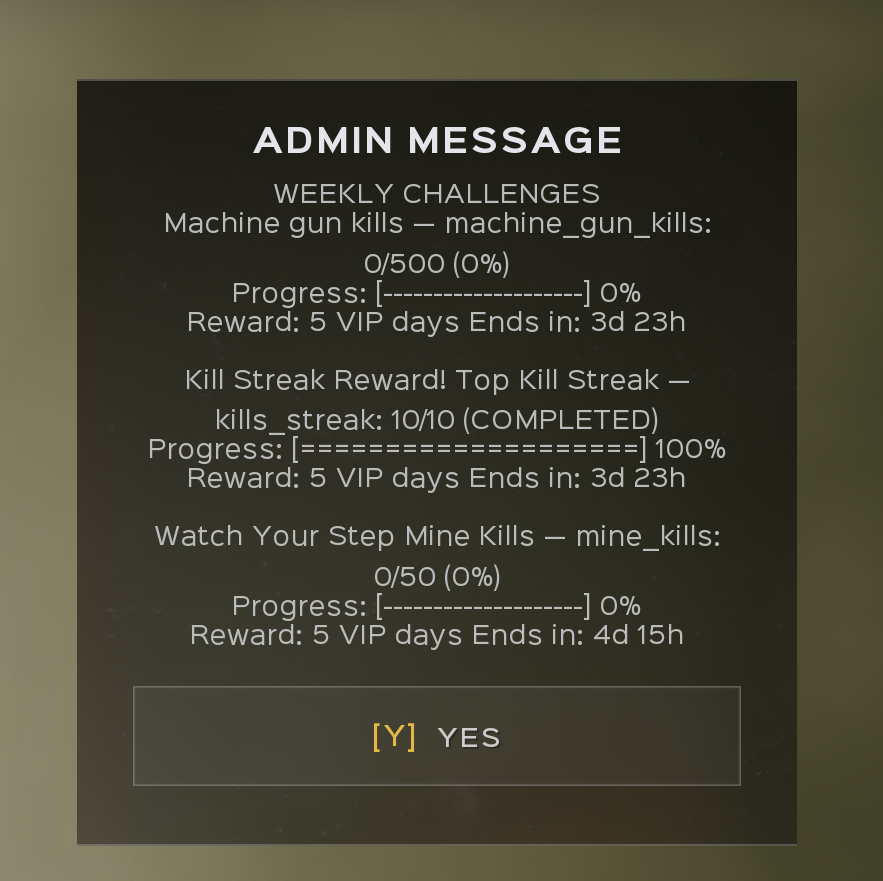 In-game admin message showing weekly challenges with progress bars and VIP day rewards