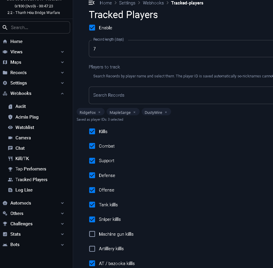 Tracked Players webhook settings with player picker and stat checkboxes